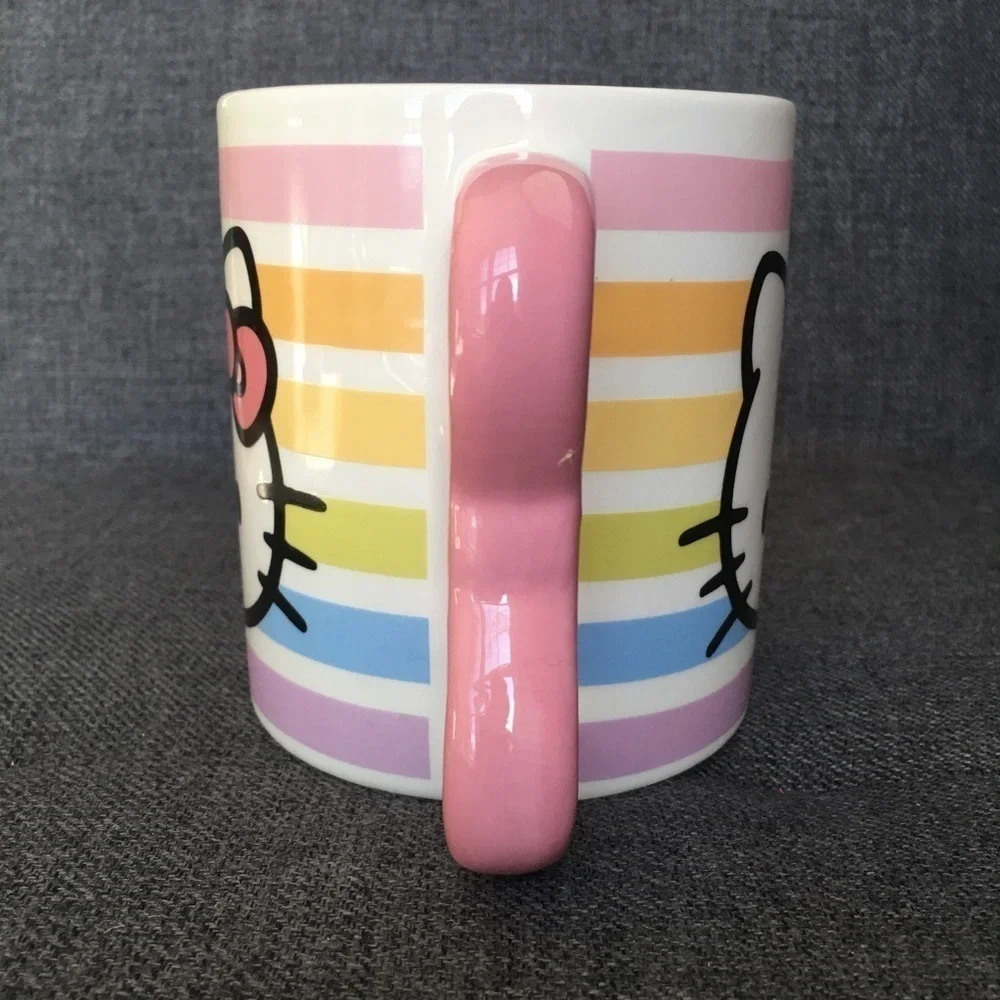Hello Kitty Pastel Stripe, Bow Handle Coffee Mug, White, Pink, 20 oz